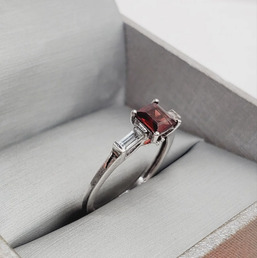 Genuine Red Princess Cut Garnet & White Topaz 925 Sterling Silver Ring